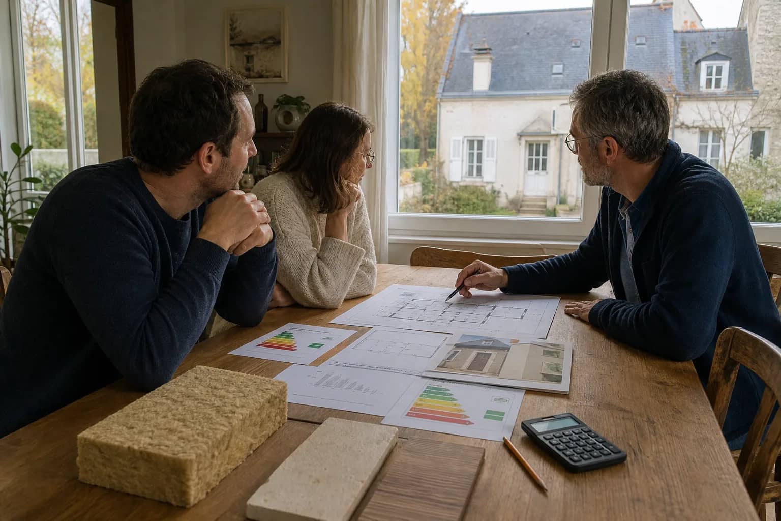 Propriétaires et conseiller organisant la rénovation énergétique d'une maison du Val de Loire