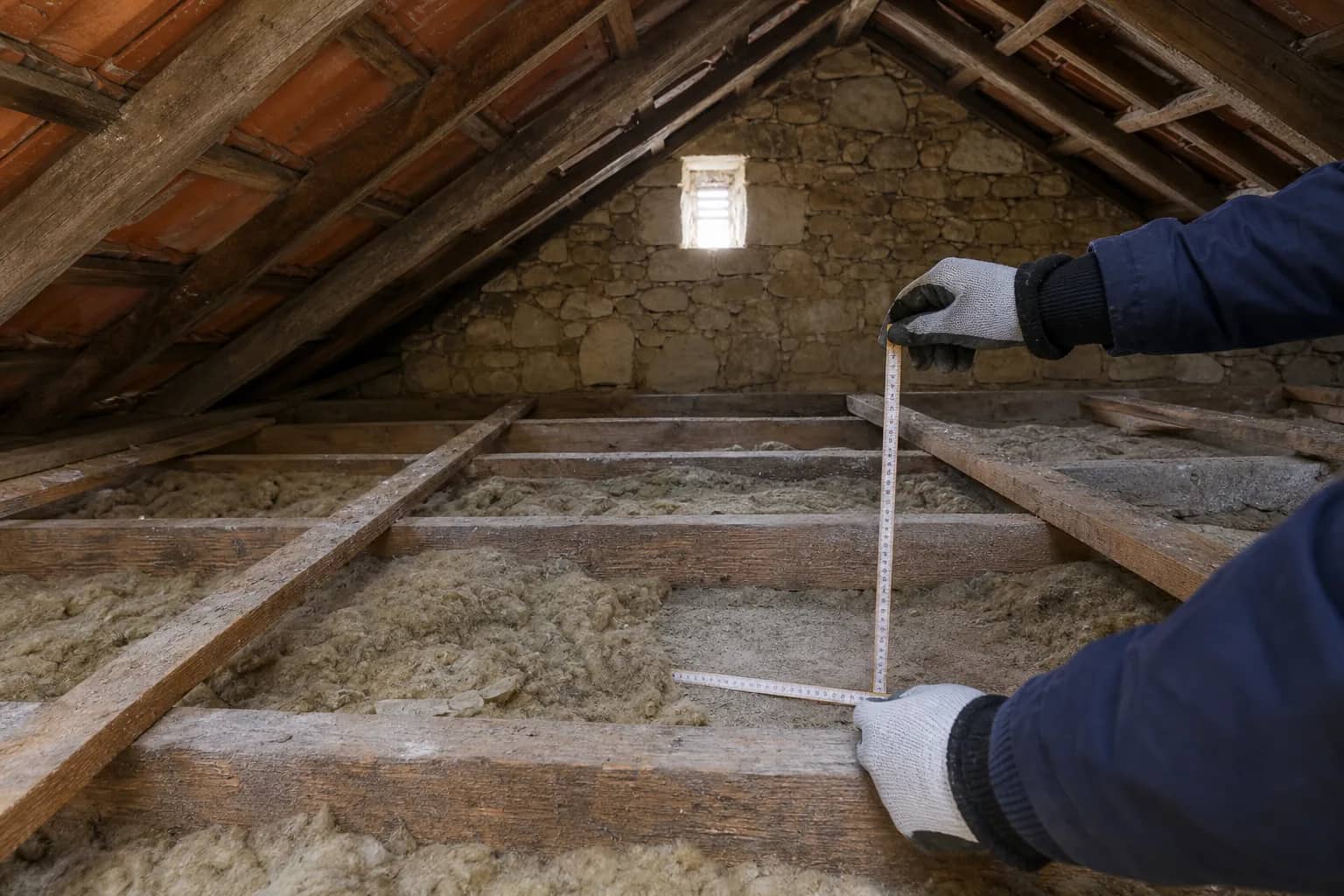 Épaisseur d'isolant contrôlée dans les combles perdus d'une maison ancienne de l'Indre