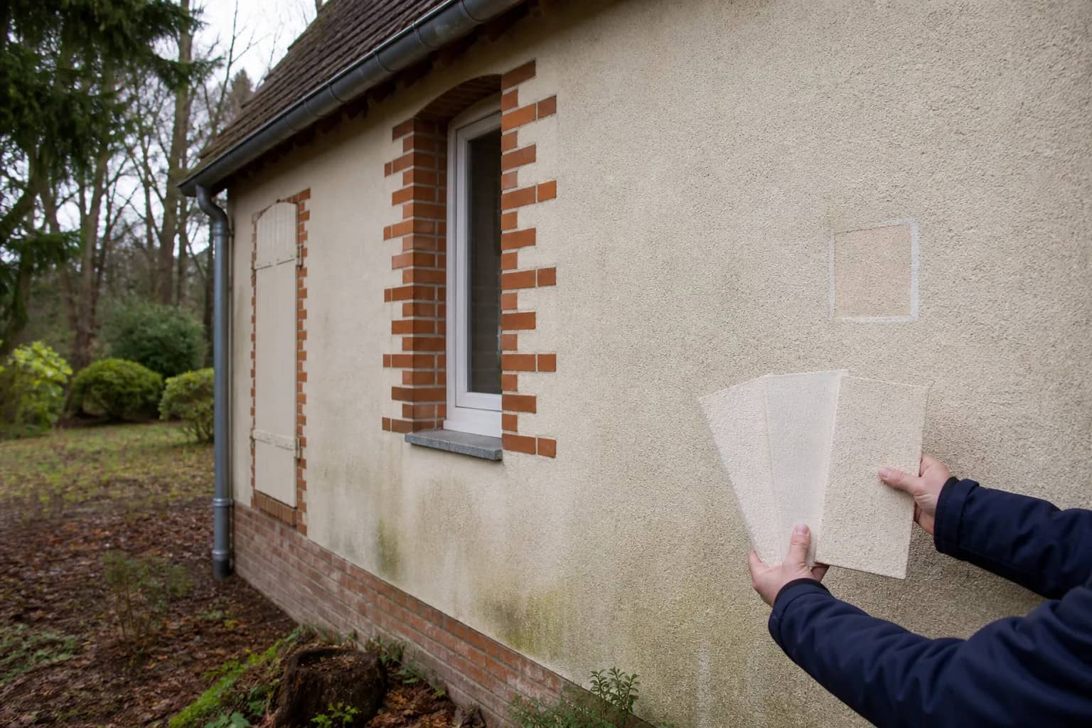 Échantillons de finitions comparés sur une façade en brique et enduit du Loir-et-Cher