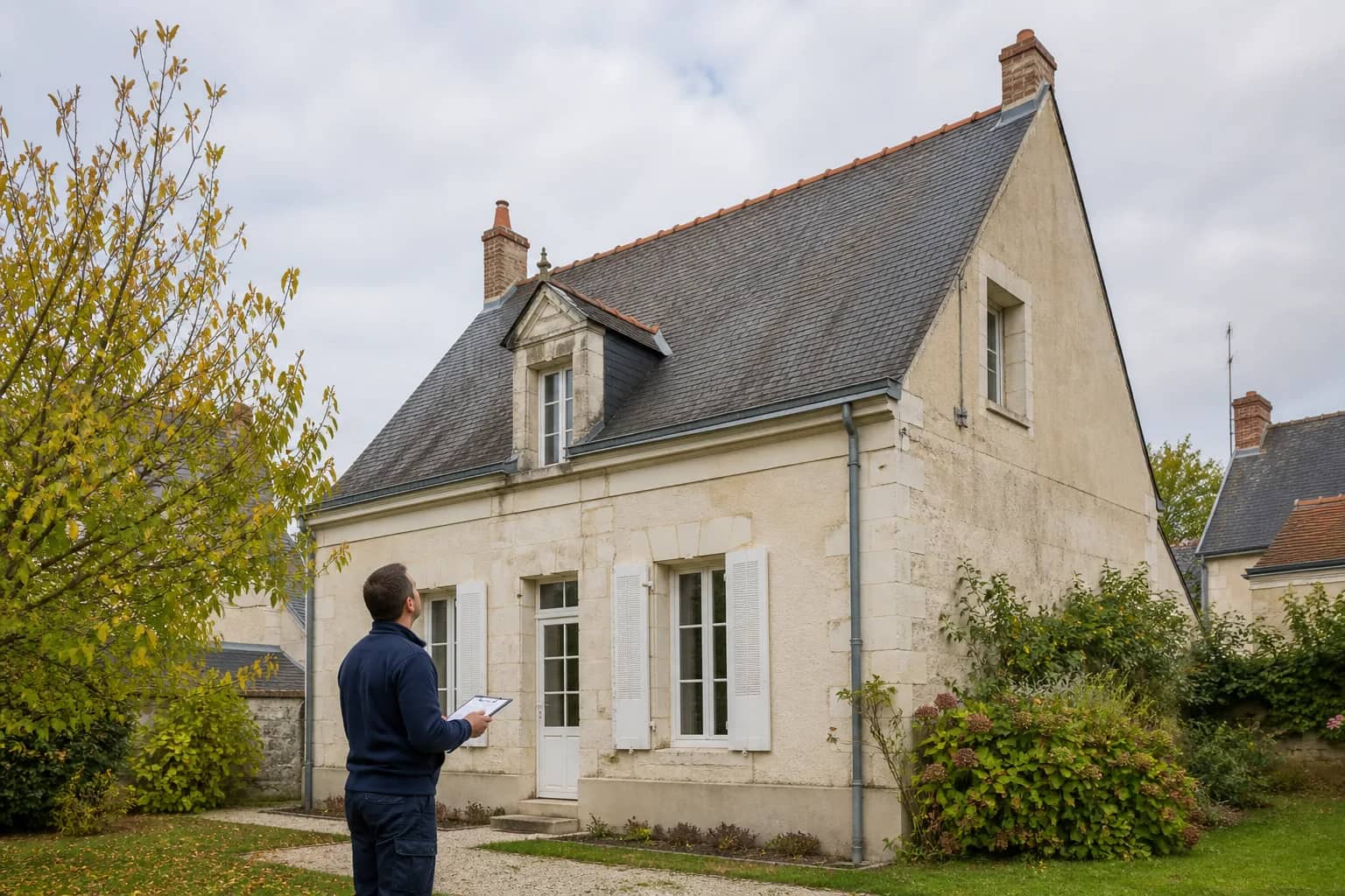 Professionnel contrôlant depuis le sol la toiture en ardoise d'une maison de Touraine