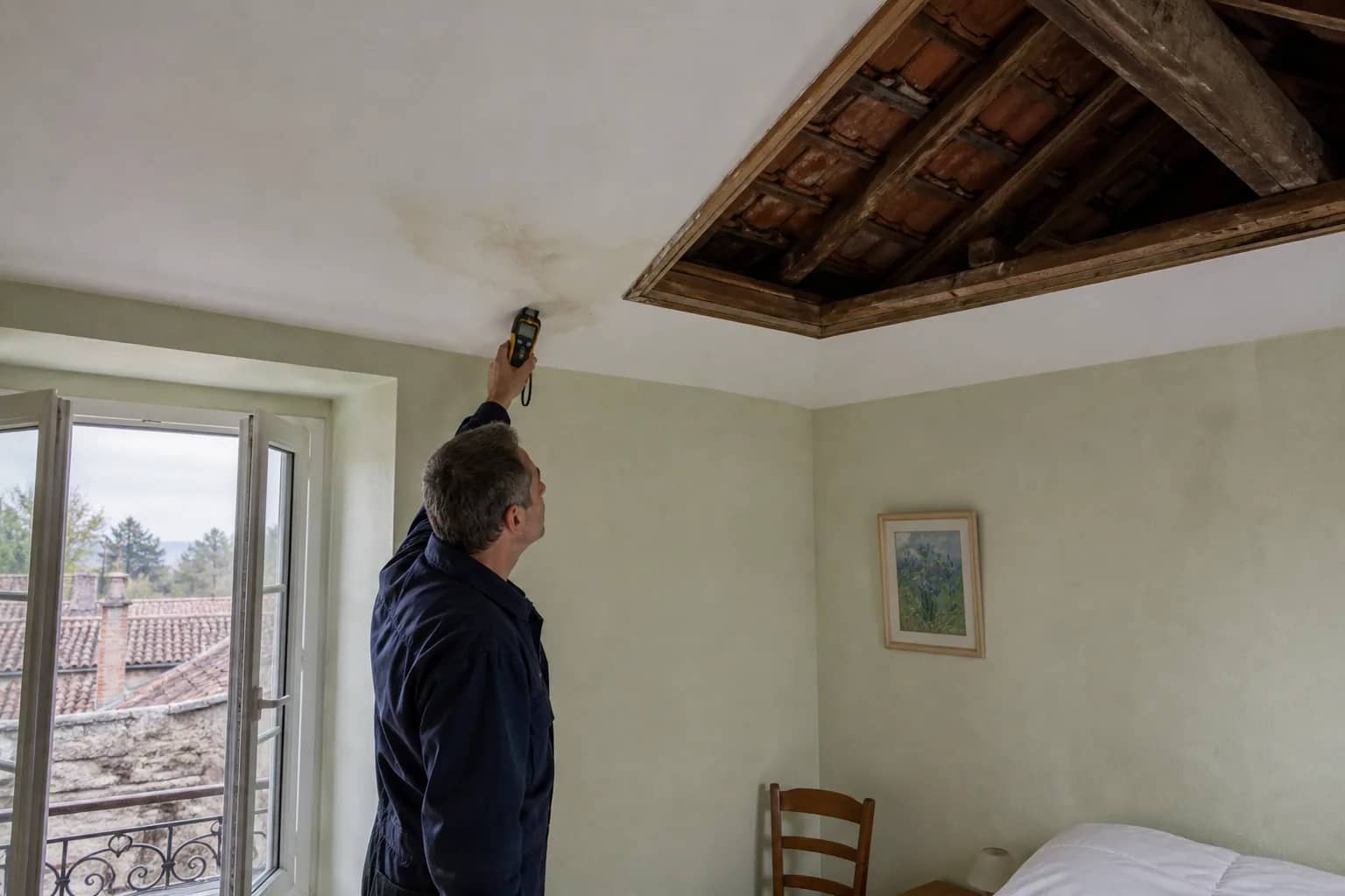 Professionnel mesurant une tache d'humidité sous une toiture traditionnelle du Poitou