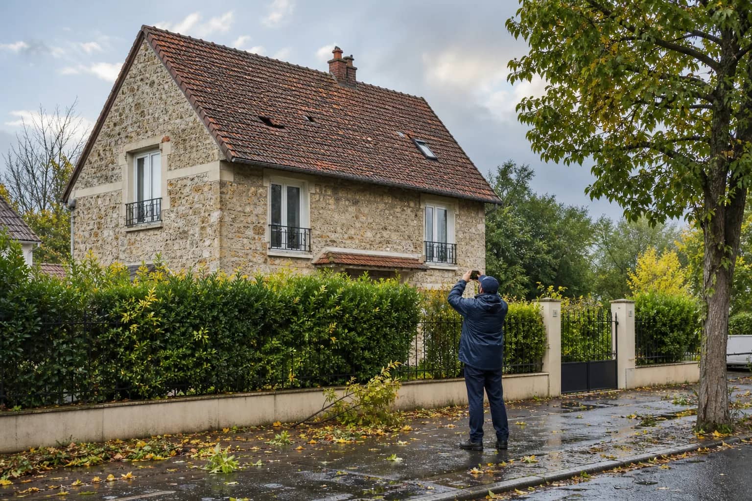 Professionnel photographiant depuis le sol une toiture après un orage dans l'ouest francilien