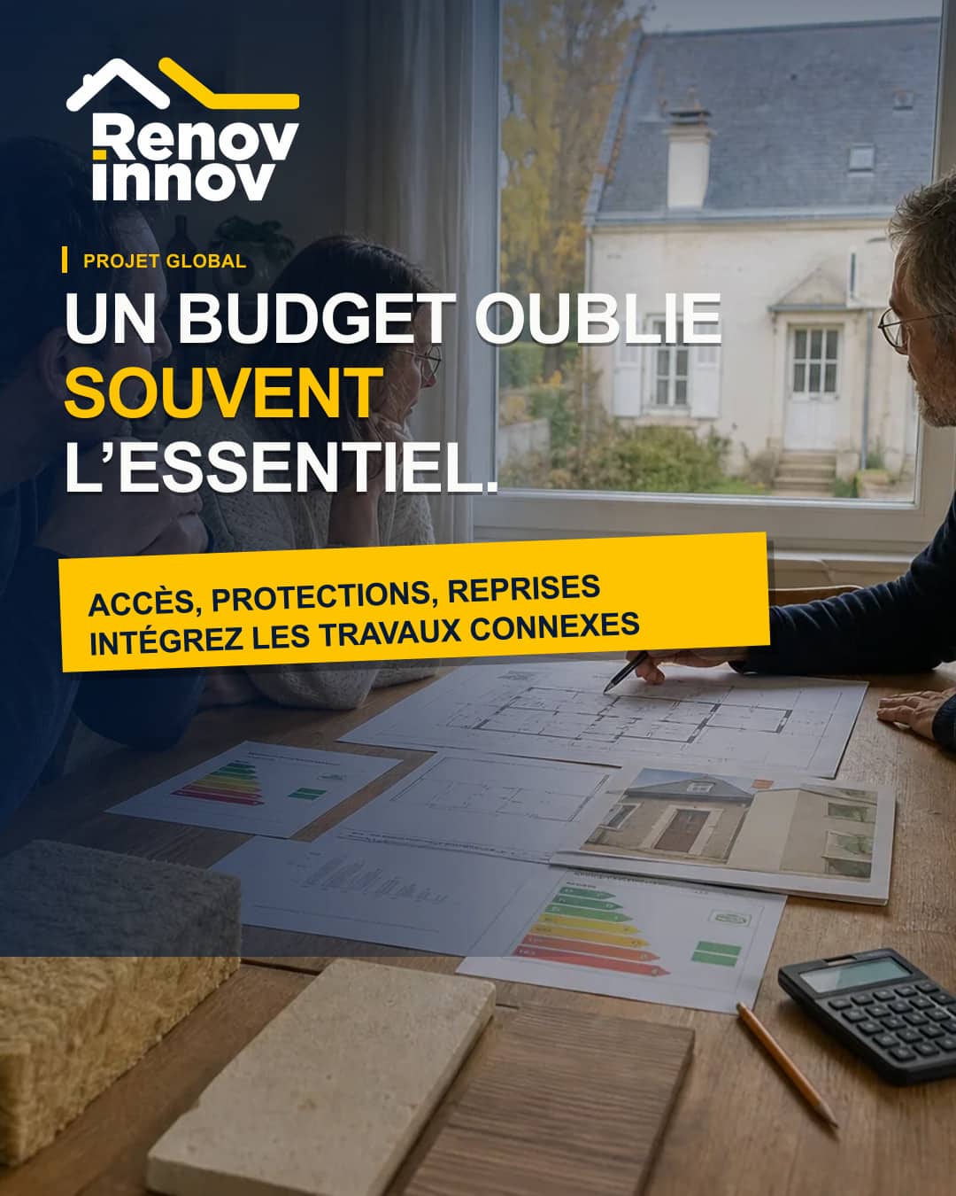 Visuel éditorial Rénov Innov pour l’article « Comment construire un budget de rénovation sans oublier les travaux connexes ? »