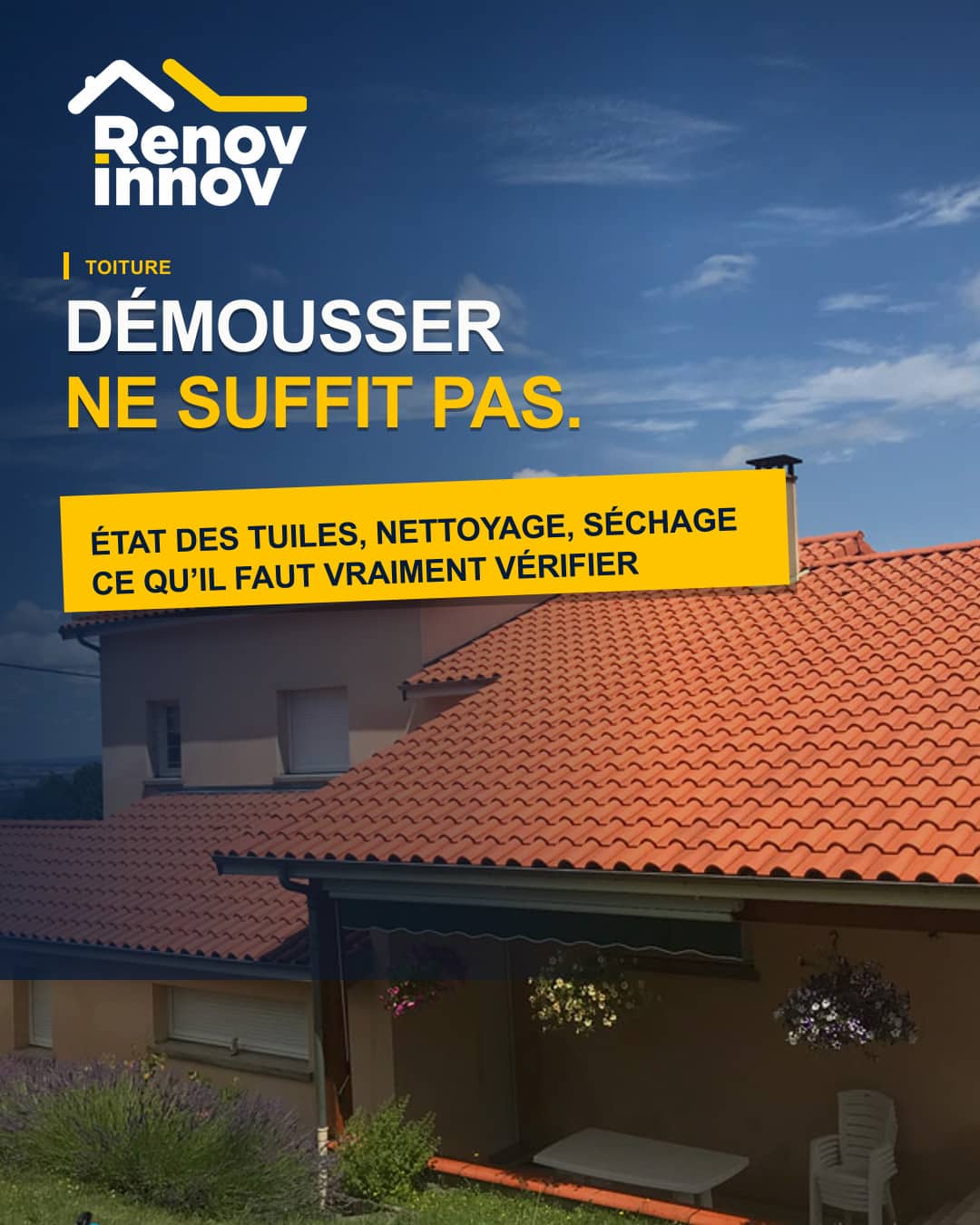 Visuel éditorial Rénov Innov pour l’article « Démoussage et hydrofuge de toiture : ce qu'il faut vraiment vérifier »