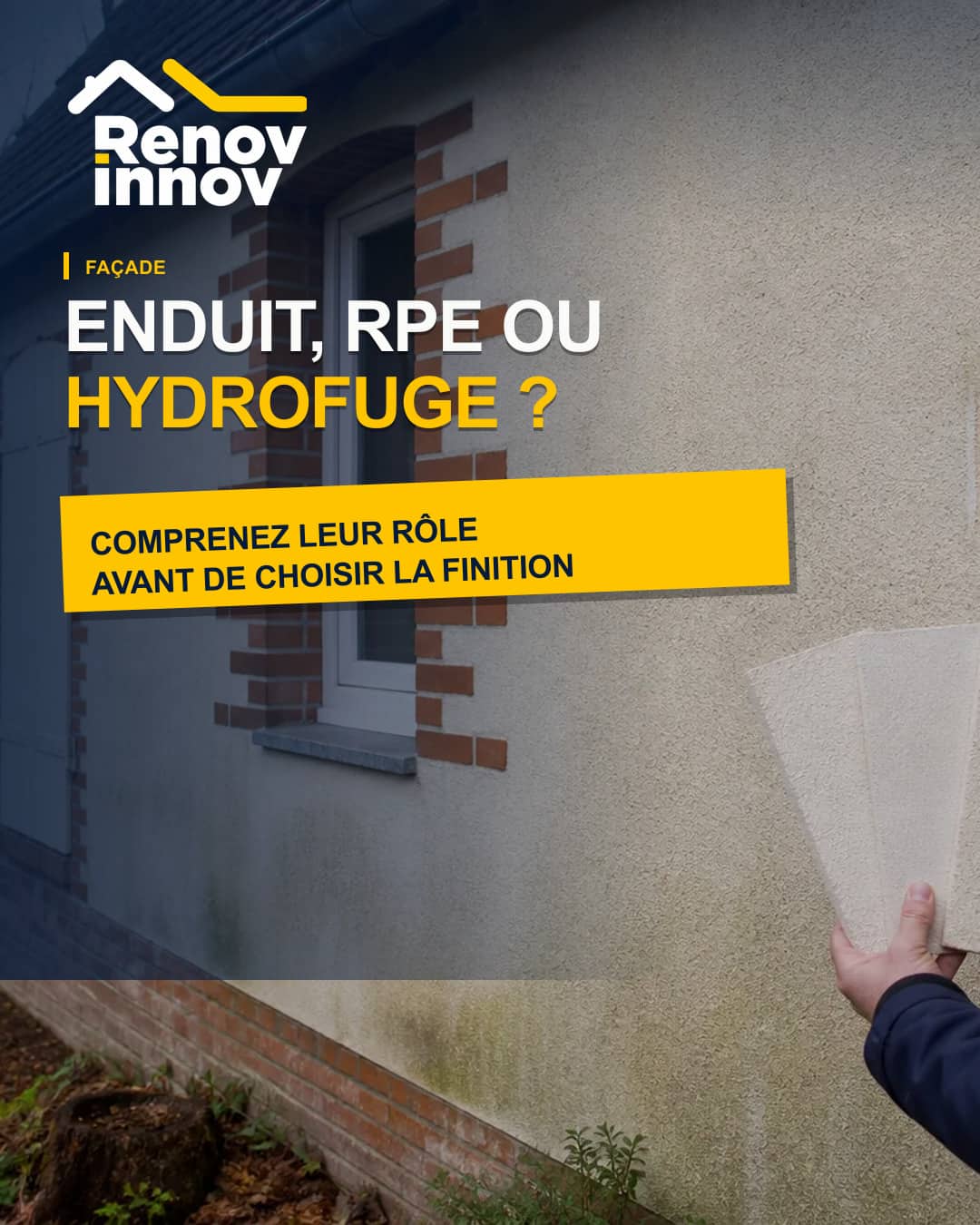 Visuel éditorial Rénov Innov pour l’article « Enduit, RPE ou hydrofuge : comprendre les finitions de façade »