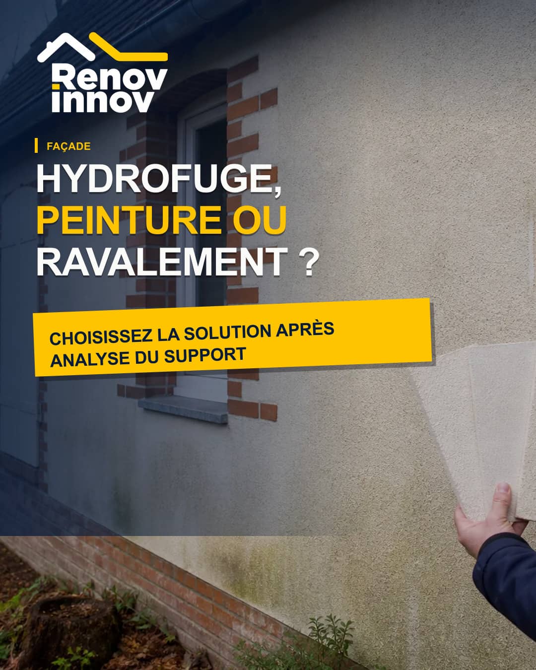 Visuel éditorial Rénov Innov pour l’article « Hydrofuge, peinture ou ravalement : quelle solution pour une façade ? »