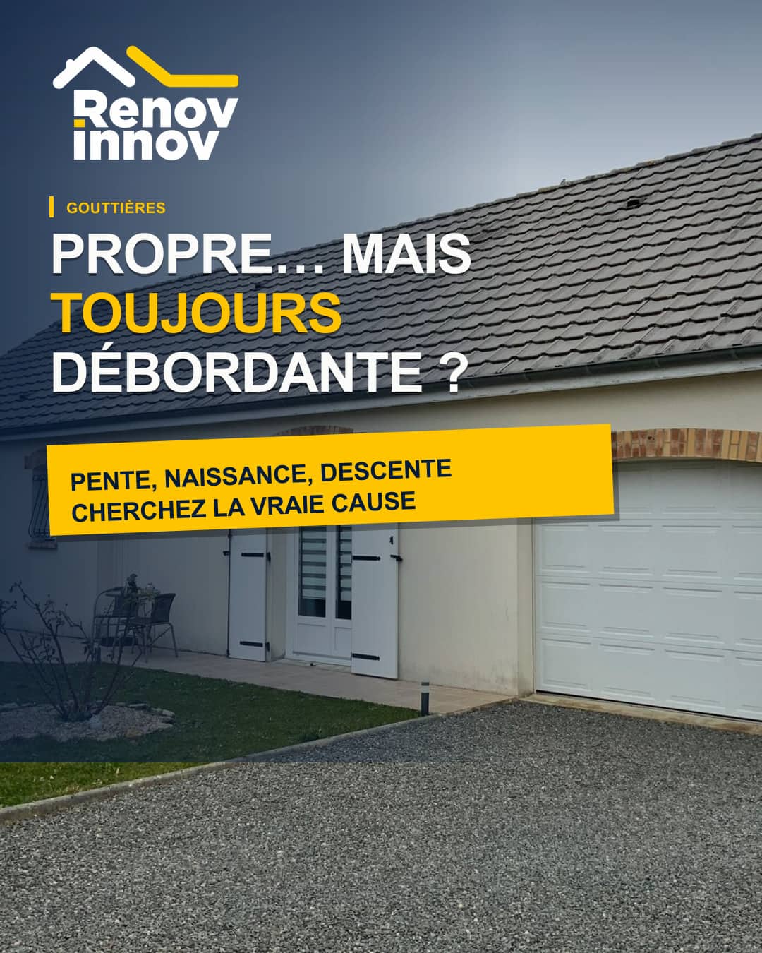 Visuel éditorial Rénov Innov pour l’article « Pourquoi une gouttière déborde-t-elle même lorsqu'elle est propre ? »