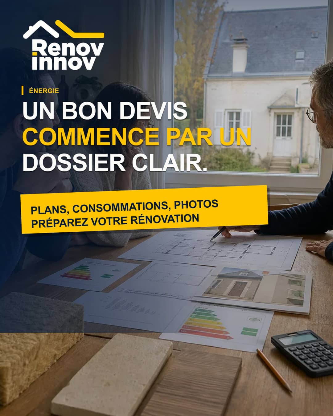 Visuel éditorial Rénov Innov pour l’article « Préparer un dossier de rénovation énergétique avant de demander des devis »