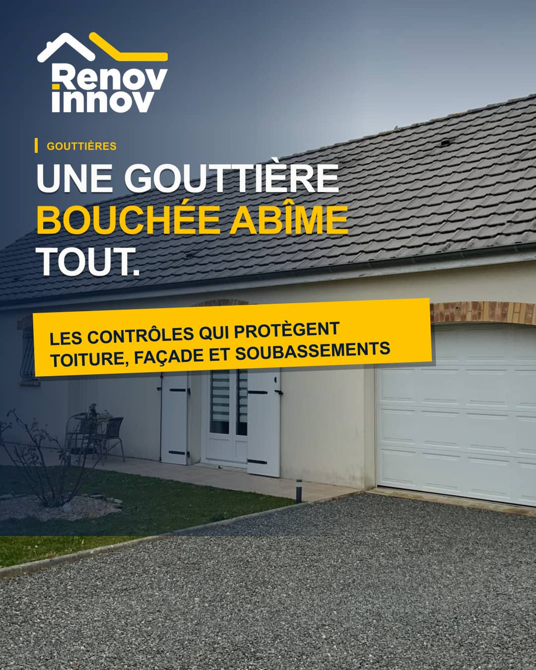 Visuel éditorial Rénov Innov pour l’article « Entretenir ses gouttières pour protéger toute la maison »